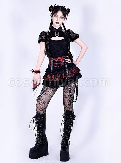 Delicate Jacquard Lace Trim Sexy Off-The-Shoulder Belt Trim Metal Buttons Classic Lolita Double Lace Puff Sleeves Blouse coscarnival