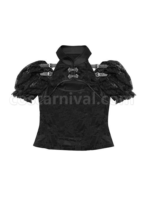 Delicate Jacquard Lace Trim Sexy Off-The-Shoulder Belt Trim Metal Buttons Classic Lolita Double Lace Puff Sleeves Blouse coscarnival