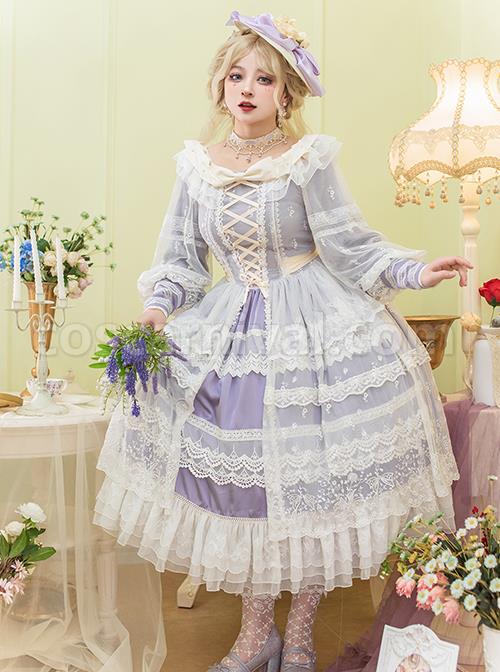Delicate-Ornate-Pleated-Embroidered-Lace-Layered-Hem-Cross-Straps-Bow-Knot-Classic-Lolita-Long-Sleeve-Dress-coscarnival-3023