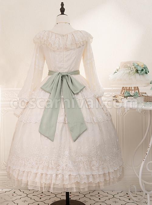Delicate-Ornate-Pleated-Embroidered-Lace-Layered-Hem-Cross-Straps-Bow-Knot-Classic-Lolita-Long-Sleeve-Dress-coscarnival-3033