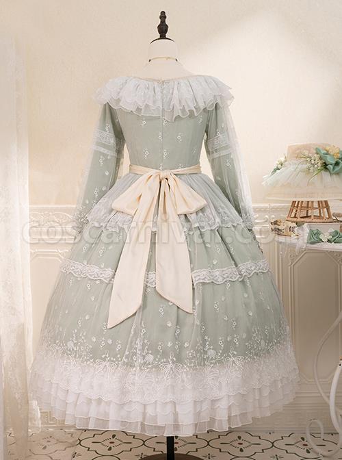 Delicate-Ornate-Pleated-Embroidered-Lace-Layered-Hem-Cross-Straps-Bow-Knot-Classic-Lolita-Long-Sleeve-Dress-coscarnival-3045