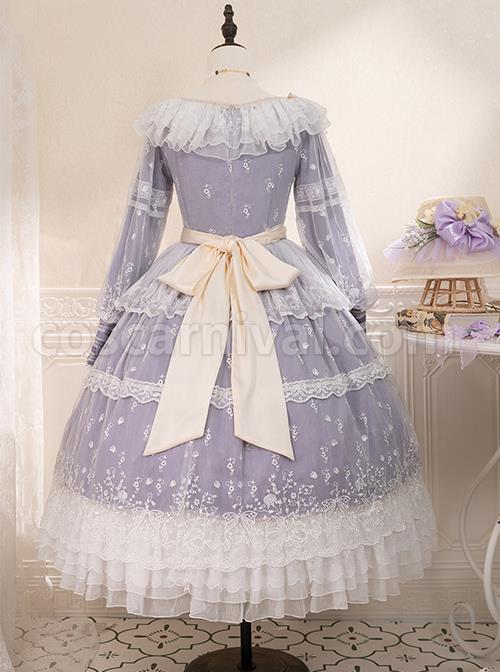 Delicate-Ornate-Pleated-Embroidered-Lace-Layered-Hem-Cross-Straps-Bow-Knot-Classic-Lolita-Long-Sleeve-Dress-coscarnival-3056