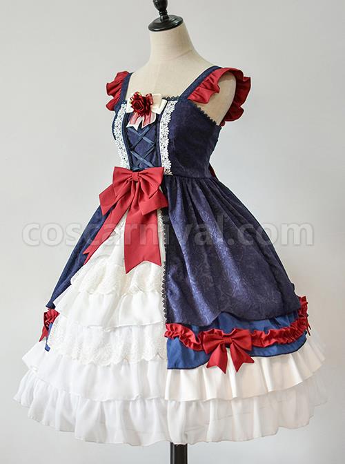 Delicate-Print-Ornament-Pleated-Lace-Red-Bow-Knot-Design-Cross-Tie-Jacquard-Lace-Classic-Lolita-Dress-coscarnival-3024