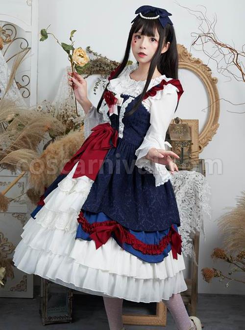 Delicate-Print-Ornament-Pleated-Lace-Red-Bow-Knot-Design-Cross-Tie-Jacquard-Lace-Classic-Lolita-Dress-coscarnival-3038