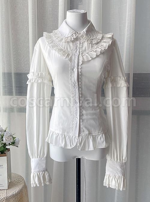 Delicately Pleated Ruffled Doll Neck Design Chiffon Court Style Slim Fit Classic Lolita White Long Sleeve Blouse coscarnival
