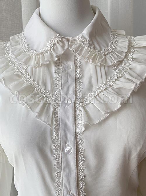 Delicately Pleated Ruffled Doll Neck Design Chiffon Court Style Slim Fit Classic Lolita White Long Sleeve Blouse coscarnival