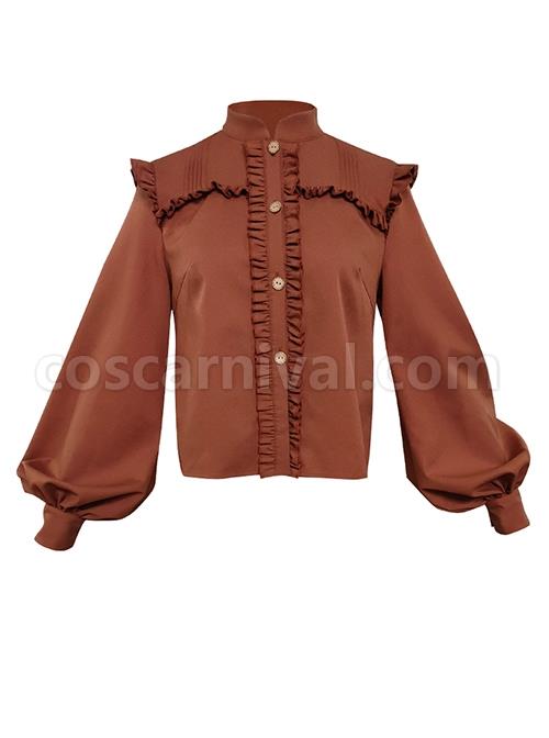 Distance Christmas Series Pure Brown Stand Collar Ruffle Sweet Lolita Long Sleeve Shirt coscarnival