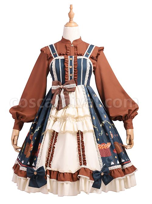 Distance Christmas Series Pure Brown Stand Collar Ruffle Sweet Lolita Long Sleeve Shirt coscarnival