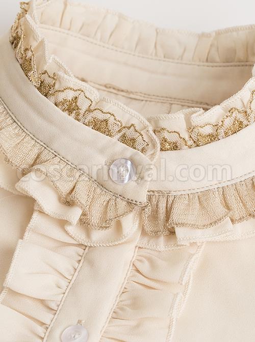 Do Not Fall Kingdom Series Gorgeous Stand Collar Heavy Industry Gold Embroidery Flared Sleeve Ruffle Classic Lolita Long Sleeve Shirt coscarnival