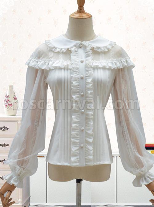 Doll Collar Lace Chiffon Long Sleeve Blouses Classic Lolita Lantern Sleeve Shirt coscarnival