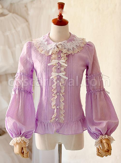 Double Layer Jacquard Cotton Long Sleeve Lace Shirt coscarnival