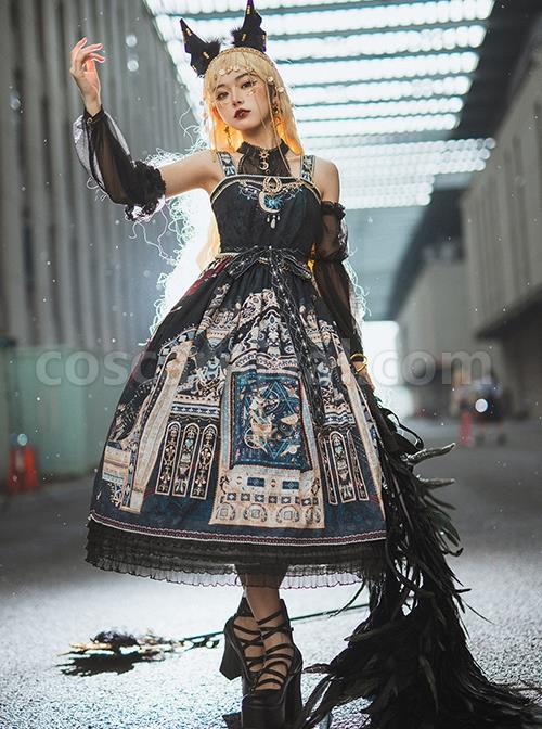 Egyptian-Style-Retro-Exquisite-Jewelry-Geometry-Print-Mesh-Ruffled-Pearl-Trim-Classic-Lolita-Slip-Dress-coscarnival-2954