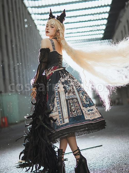 Egyptian-Style-Retro-Exquisite-Jewelry-Geometry-Print-Mesh-Ruffled-Pearl-Trim-Classic-Lolita-Slip-Dress-coscarnival-2989