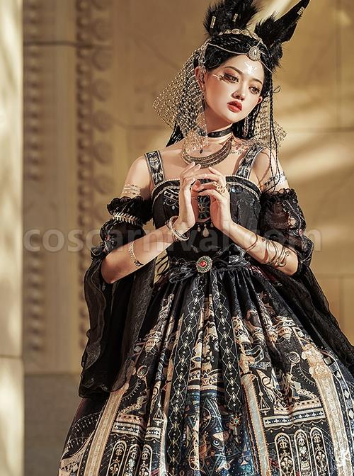 Egyptian-Style-Retro-Exquisite-Jewelry-Geometry-Print-Mesh-Ruffled-Pearl-Trim-Classic-Lolita-Slip-Dress-coscarnival-2996