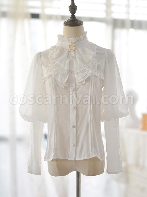 Elegant And Delicate Decorative Button Pleated Neckline Decoration Pure White Retro Court Style Long Sleeve Classic Lolita Shirt coscarnival
