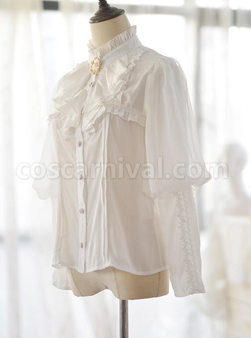 Elegant And Delicate Decorative Button Pleated Neckline Decoration Pure White Retro Court Style Long Sleeve Classic Lolita Shirt coscarnival
