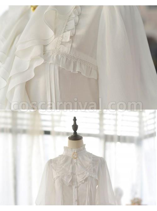 Elegant And Delicate Decorative Button Pleated Neckline Decoration Pure White Retro Court Style Long Sleeve Classic Lolita Shirt coscarnival