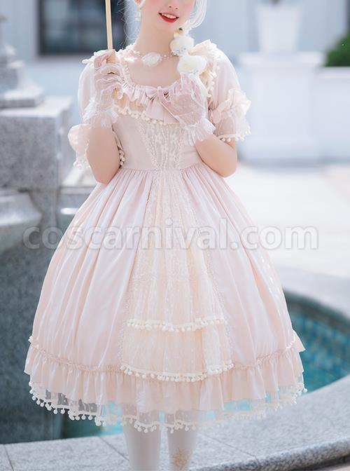 Elegant-And-Delicate-Lace-Floral-Jacquard-Pleated-Ruffled-Square-Neckline-Bow-Knot-Trim-Classic-Lolita-Short-Sleeve-Dress-coscarnival-1683