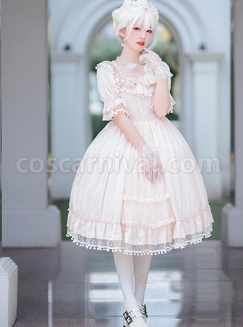 Elegant-And-Delicate-Lace-Floral-Jacquard-Pleated-Ruffled-Square-Neckline-Bow-Knot-Trim-Classic-Lolita-Short-Sleeve-Dress-coscarnival-1694