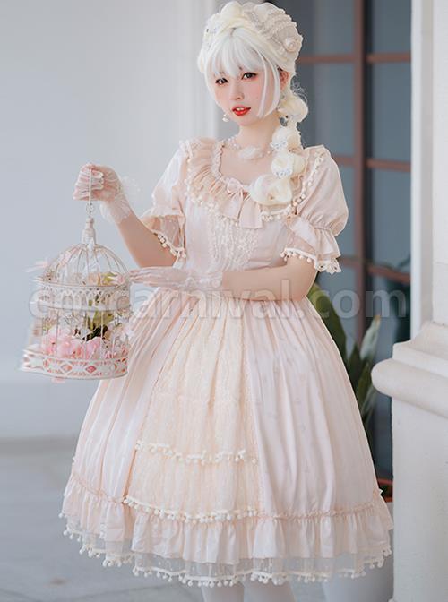 Elegant-And-Delicate-Lace-Floral-Jacquard-Pleated-Ruffled-Square-Neckline-Bow-Knot-Trim-Classic-Lolita-Short-Sleeve-Dress-coscarnival-1704
