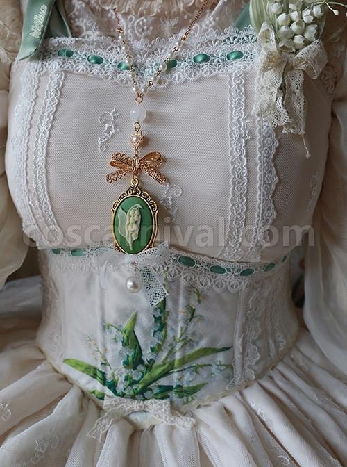 Elegant And Delicate Lily Of The Valley Embroidery Ruched Jacquard Lace Trim Classic Lolita White Fish Bone Girdle coscarnival