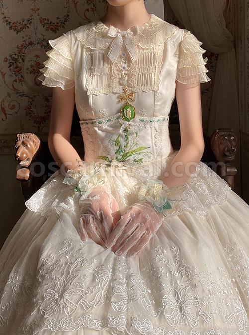 Elegant And Delicate Lily Of The Valley Embroidery Ruched Jacquard Lace Trim Classic Lolita White Fish Bone Girdle coscarnival