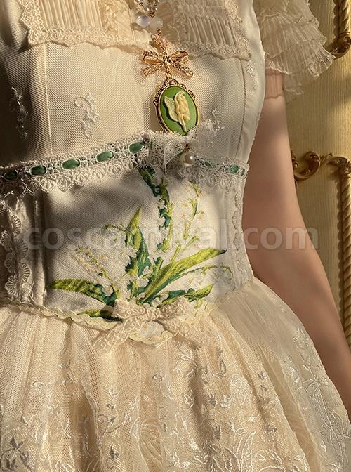 Elegant And Delicate Lily Of The Valley Embroidery Ruched Jacquard Lace Trim Classic Lolita White Fish Bone Girdle coscarnival