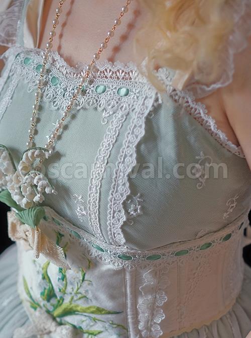 Elegant And Delicate Lily Of The Valley Embroidery Ruched Jacquard Lace Trim Classic Lolita White Fish Bone Girdle coscarnival