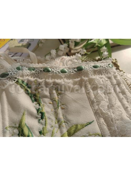 Elegant And Delicate Lily Of The Valley Embroidery Ruched Jacquard Lace Trim Classic Lolita White Fish Bone Girdle coscarnival