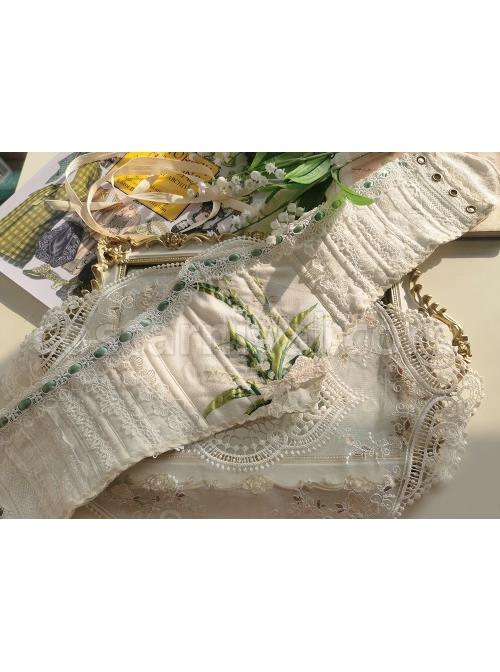 Elegant And Delicate Lily Of The Valley Embroidery Ruched Jacquard Lace Trim Classic Lolita White Fish Bone Girdle coscarnival