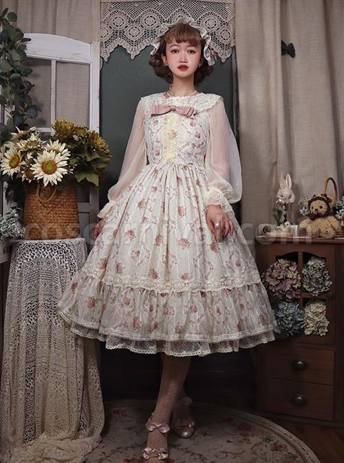 Elegant-And-Delicate-Pink-Floral-Print-Design-Jacquard-Lace-Trim-Bow-Knot-Tie-Classic-Lolita-Slip-Dress-coscarnival-2923