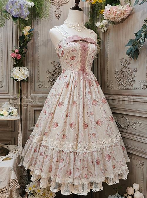 Elegant-And-Delicate-Pink-Floral-Print-Design-Jacquard-Lace-Trim-Bow-Knot-Tie-Classic-Lolita-Slip-Dress-coscarnival-2939