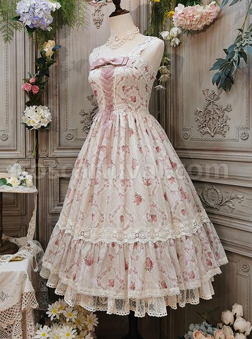 Elegant-And-Delicate-Pink-Floral-Print-Design-Jacquard-Lace-Trim-Bow-Knot-Tie-Classic-Lolita-Slip-Dress-coscarnival-2950