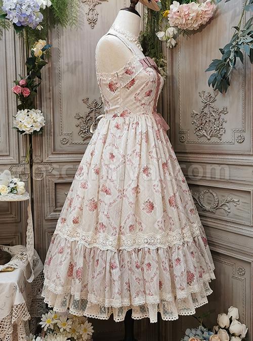 Elegant-And-Delicate-Pink-Floral-Print-Design-Jacquard-Lace-Trim-Bow-Knot-Tie-Classic-Lolita-Slip-Dress-coscarnival-2955