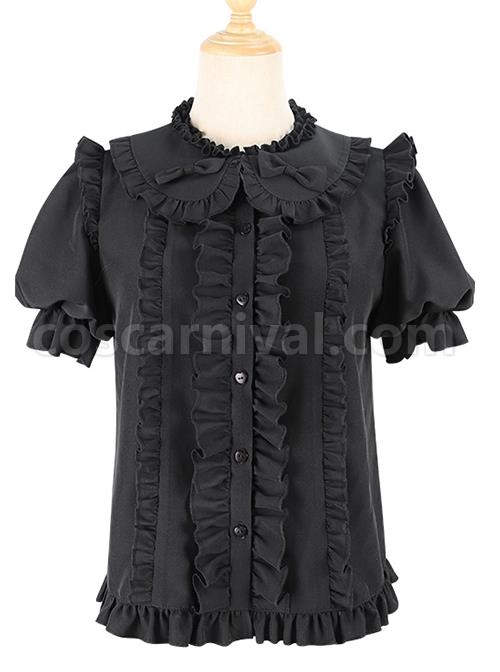 Elegant And Simple Double Row Pleated Lace Trim Doll Neckline Decoration Chiffon Classic Lolita Blouse coscarnival