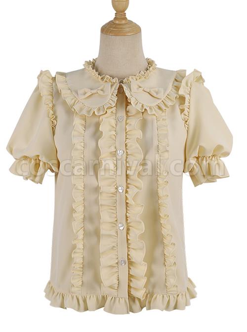 Elegant And Simple Double Row Pleated Lace Trim Doll Neckline Decoration Chiffon Classic Lolita Blouse coscarnival