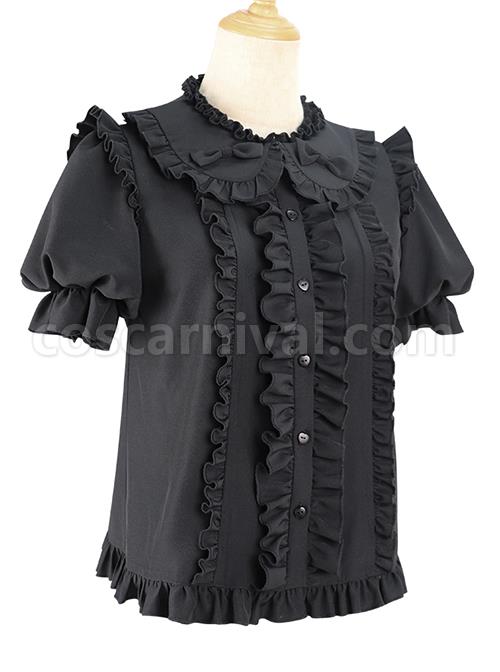 Elegant And Simple Double Row Pleated Lace Trim Doll Neckline Decoration Chiffon Classic Lolita Blouse coscarnival