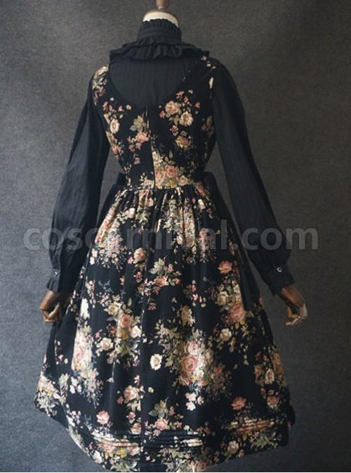 Elegant Black Flowers V Collar Lolita Vest Dress coscarnival