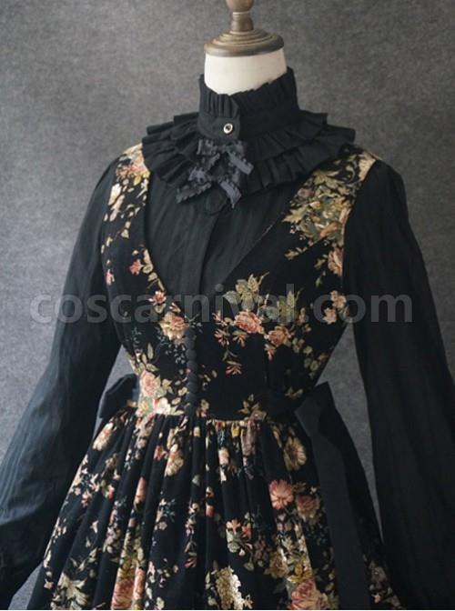 Elegant Black Flowers V Collar Lolita Vest Dress coscarnival