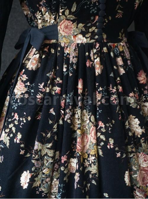 Elegant Black Flowers V Collar Lolita Vest Dress coscarnival