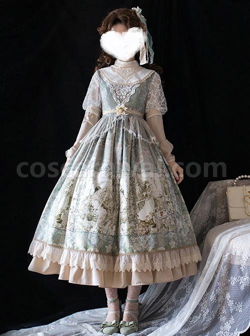 Elegant Classical Pearl Gothic Lolita OP Half Turtleneck Three-Dimensional Embroidery Stitching Lace Detachable Bubble Long Sleeve Dress coscarnival