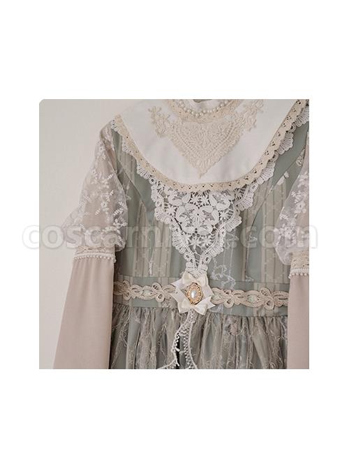 Elegant Classical Pearl Gothic Lolita OP Half Turtleneck Three-Dimensional Embroidery Stitching Lace Detachable Bubble Long Sleeve Dress coscarnival