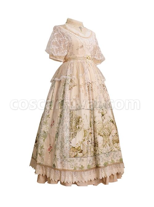 Elegant Classical Pearl Gothic Lolita OP Half Turtleneck Three-Dimensional Embroidery Stitching Lace Detachable Bubble Long Sleeve Dress coscarnival