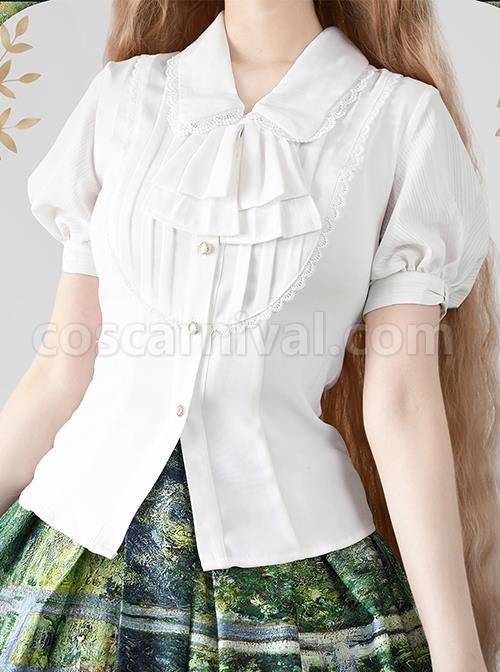 Elegant Double Pleated Vintage Neckline Classic Lolita Puff Sleeves White Slim Fit Blouse coscarnival
