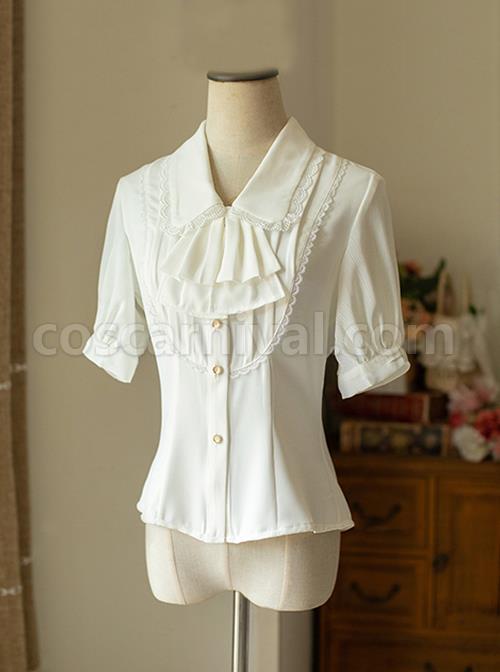 Elegant Double Pleated Vintage Neckline Classic Lolita Puff Sleeves White Slim Fit Blouse coscarnival