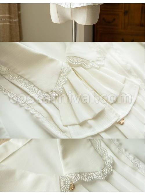 Elegant Double Pleated Vintage Neckline Classic Lolita Puff Sleeves White Slim Fit Blouse coscarnival