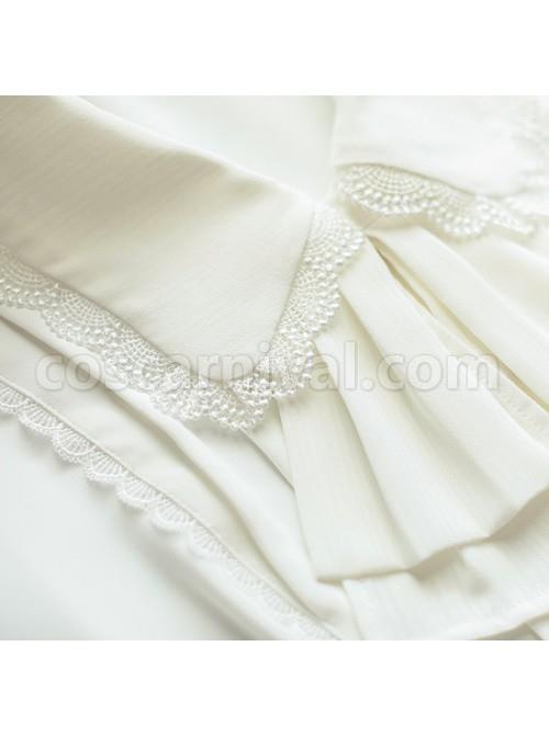 Elegant Double Pleated Vintage Neckline Classic Lolita Puff Sleeves White Slim Fit Blouse coscarnival