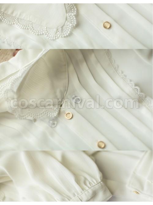 Elegant Double Pleated Vintage Neckline Classic Lolita Puff Sleeves White Slim Fit Blouse coscarnival