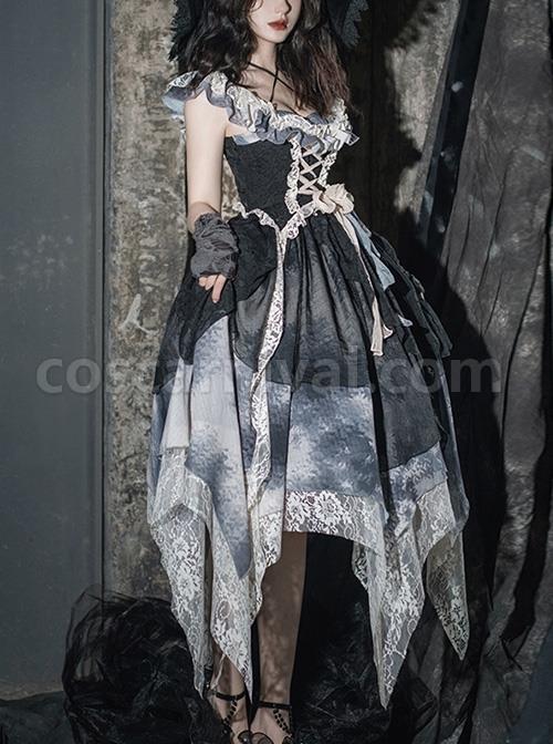 Elegant Lace Stitching Halter Lace-Up Irregular 3.8m Oversized Hem Design Gothic Lolita Sleeveless Dress coscarnival