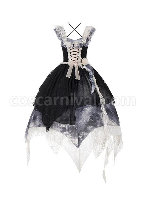 Elegant Lace Stitching Halter Lace-Up Irregular 3.8m Oversized Hem Design Gothic Lolita Sleeveless Dress coscarnival